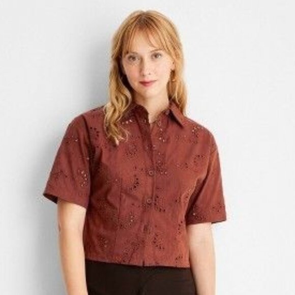 Target Short Sleeve Eyelet Button-Down Shirt Future Collective™ Collab Rust - Picture 1 of 5